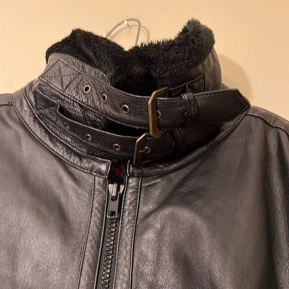 Fair Mens Jacket Coat Black Pockets Mock Neck Buckle Zipper Lined Leather - Picture 4 of 12